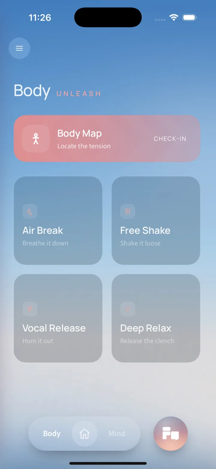 The Body surface in the fine app on an iPhone: a Body Map check-in card reading 'Locate the tension' above a grid of four releases — Air Break, Free Shake, Vocal Release and Deep Relax.