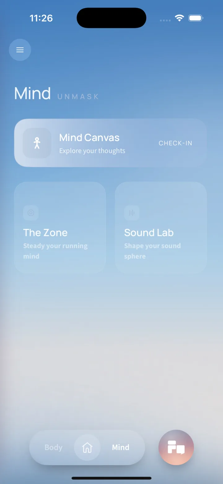 The Mind surface in the fine app: a Mind Canvas check-in card reading 'Explore your thoughts' above two tiles, The Zone and Sound Lab.