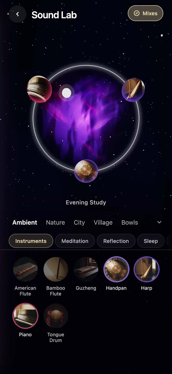 Sound Lab in the fine app: instrument orbs — piano, harp and handpan — orbiting a glowing nebula disc on a star field, with a browser of ambient sounds below.